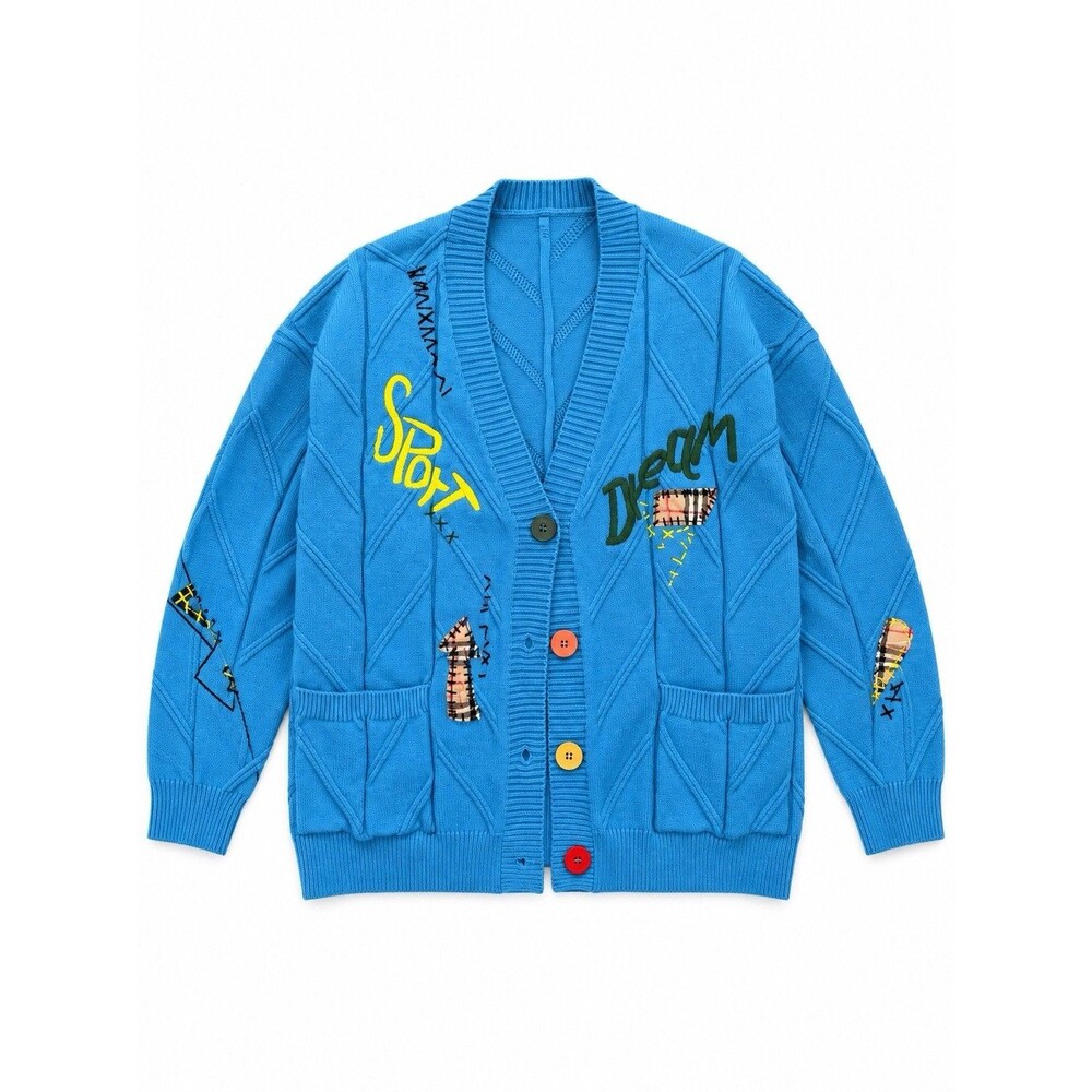Ebossy Sport Dream Blue Embroidered Patchwork Cardigan XXL Whimsical Knit